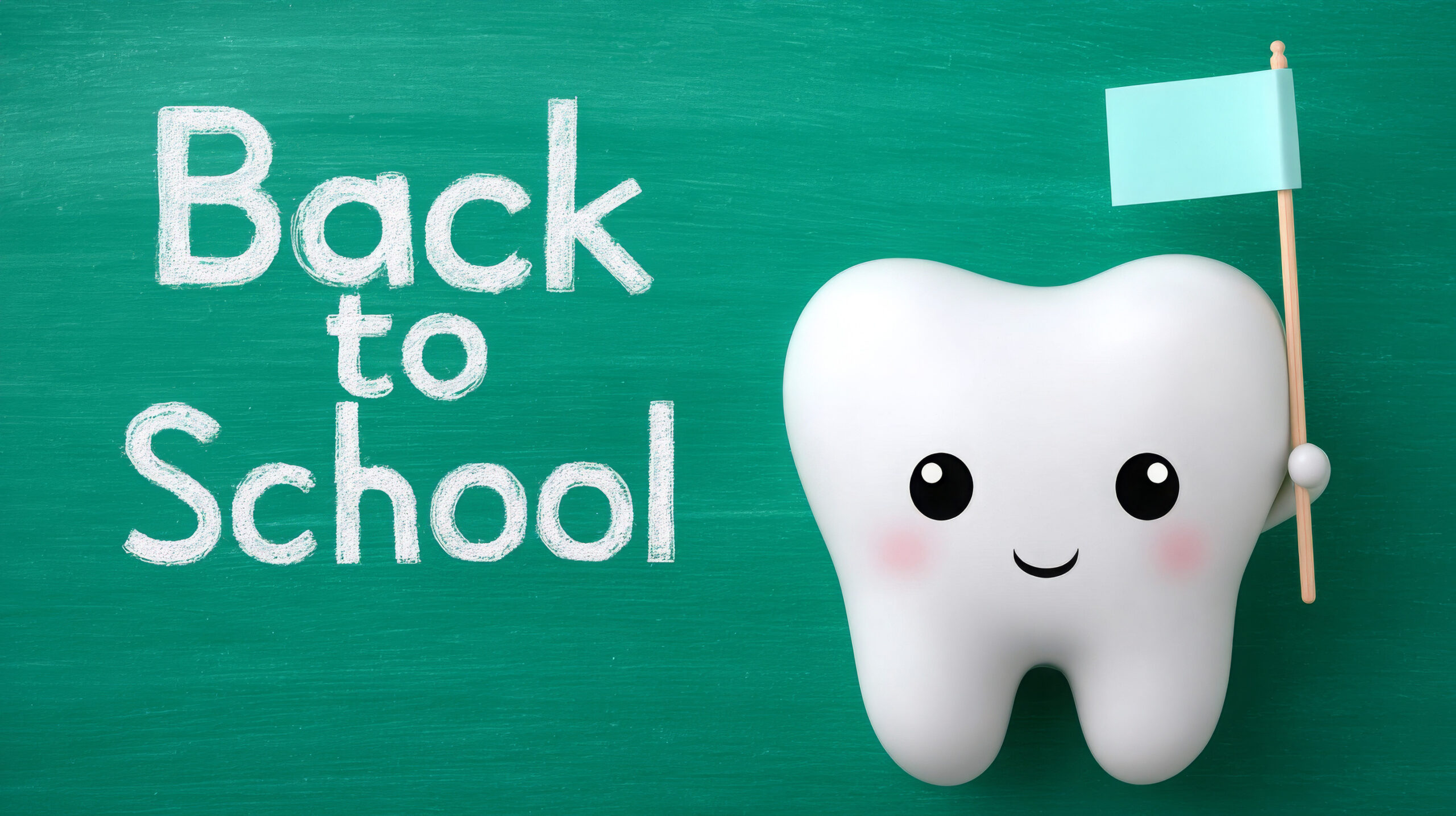 Cartoon tooth character holding flag for back to school concept